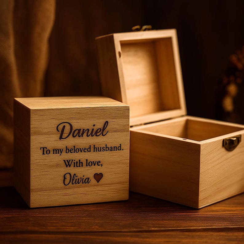 May include: Two light-colored wooden boxes, one closed and one open. The closed box features the engraved text: Daniel, To my beloved husband. With love, Olivia, followed by a small heart symbol. Both boxes have a square shape and a metal latch.