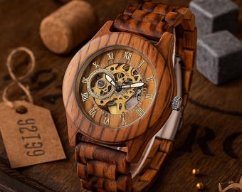 Engraved Wooden Watch. Mechanical Watch for Men – Skeleton Dial Timepiece – Personalized Wood Watch. Father’s Day Gift.