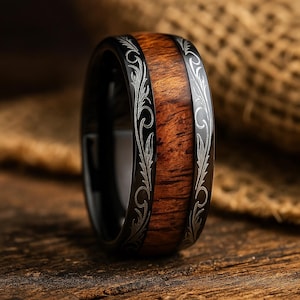 ブラックウイスキー樽リング、ユニークなメンズ結婚指輪、メンズ木製プロミスリング、メンズタングステン結婚指輪、メンズ婚約指輪