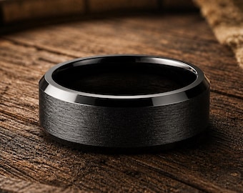 Matte Black Mens Ring, Black Engagement Ring, Black Tungsten Ring, Mens Wedding Band, Black Ring, Anniversary Gift, Box Included. 8mm