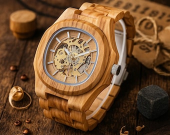 Mechanical Wooden Watch. Engraved Watch for Men – Skeleton Dial Wood Watch – Personalized Wood Watch. Father’s Day Gift. Anniversary gift