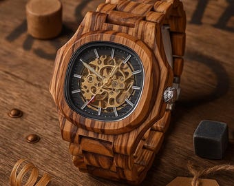 Mechanical Wooden Watch. Engraved Watch for Men – Skeleton Dial Wood Watch – Personalized Wood Watch. Father’s Day Gift. Anniversary Gift