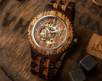 Engraved Wooden Watch. Mechanical Watch for Men. Skeleton Dial Timepiece. Dual-Tone Wood Gift for Dad or Boyfriend. Husband Anniversary Gift