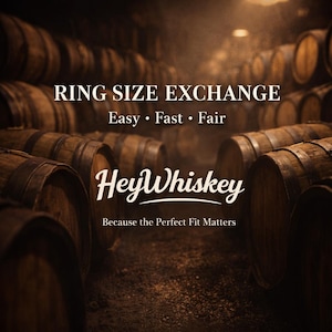 May include: A dark, atmospheric background of wooden whiskey barrels with white text overlay reading RING SIZE EXCHANGE, Easy • Fast • Fair, HeyWhiskey, and Because the Perfect Fit Matters. The scene features rows of barrels in a dimly lit cellar.