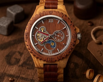 Engraved Wooden Watch. Skeleton Mechanical Watch for Men. 15th Anniversary Gift. Gift for Husband. Personalized Watch. Custom gift for Him