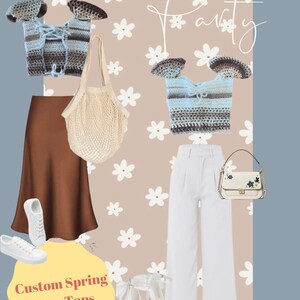 May include: Two crochet tops with a blue and brown striped pattern. One top is paired with a brown skirt, a white tote bag, and white sneakers. The other top is paired with white pants, a white handbag with floral embroidery, and white heels. The background is a light brown with white flowers. The text "Easter Party" and "Custom Spring Vera Tops" is visible in the image.
