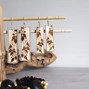 Polynesian Plumeria Flowers & Maile Lei - Small or Large Rectangle, Wooden Earrings