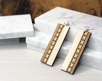 Polynesian Tribal Tapa Flower - Lightweight Rectangle Earrings