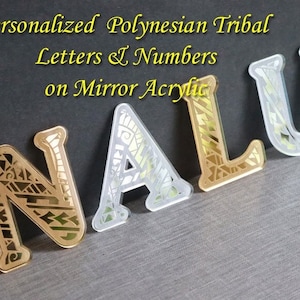 Set of FIVE 4 Inch Personalized Custom Polynesian Tribal Letters & Numbers Acrylic Mirror Decal Sticker Bumper Sticker Car Decal Emblem
