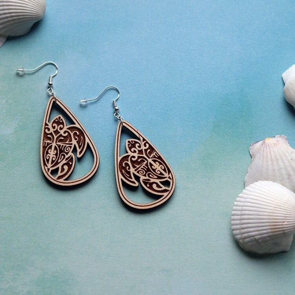 Polynesian Tribal Honu Open Cut, Teardrop Earring - Sea Turtle, Wooden Earrings Small or Large (2022 Design)