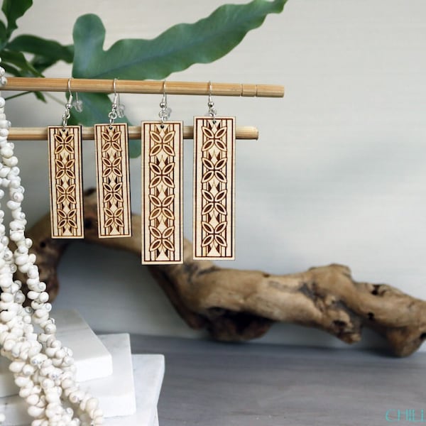 Polynesian Tribal Tapa Flowers - Small or Large Rectangle Birch Dangle Earrings