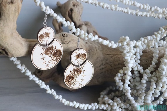 Lehua 'Ōhi'a Flower and Tribal Iwa Manu - Double Dangle Circle Earrings