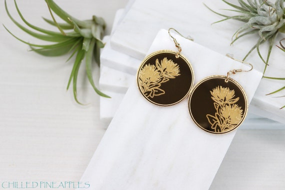 Lehua 'Ōhi'a Lehua Flower (G) - Lightweight, Gold Mirror Acrylic, Dangle Earrings
