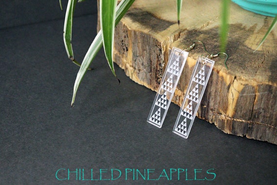 Polynesian Tribal Triangles, Mano Shark, Mauna  - Clear, Rectangle, Acrylic Earrings