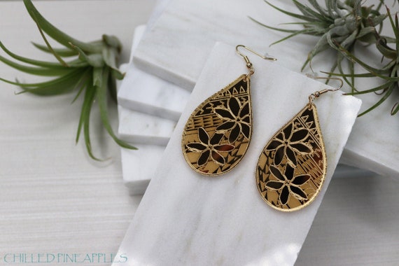 Tiare Tahitian Gardenia Flower and Tribal (G) - Lightweight, Gold Mirror Acrylic, Dangle Earrings