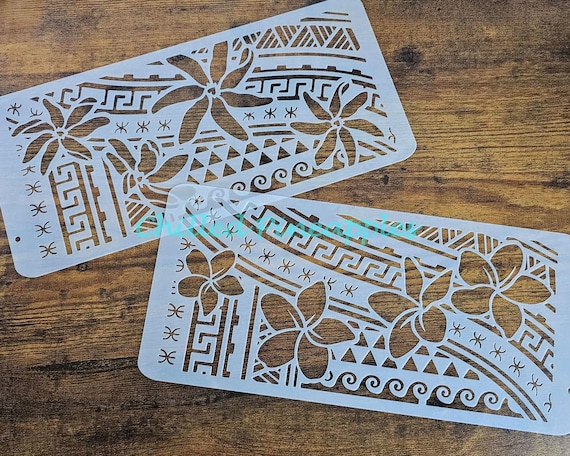 Polynesian Tribal & Pua Block Stencil Pattern - DIY Cakes, Furniture Painting, Cards, Wrapping Paper, Decoration, etc.