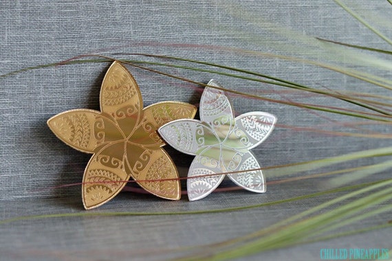 Tribal Plumeria Emblem v2 - Gold or Silver Acrylic Mirror Sticker, Bumper Sticker, Car, Truck, Boat, Vehicle Decal (2022 Design)