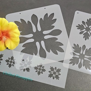 May include: A collection of clear plastic stencils featuring Hawaiian floral designs. The stencils include large and small flower patterns, with a yellow hibiscus flower in the upper left corner. The stencils are designed for crafting and decorative purposes.