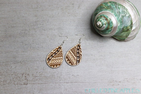 Polynesian Tribal Bands Open-Cut - Lightweight, Wooden, Tear Drop, Earrings