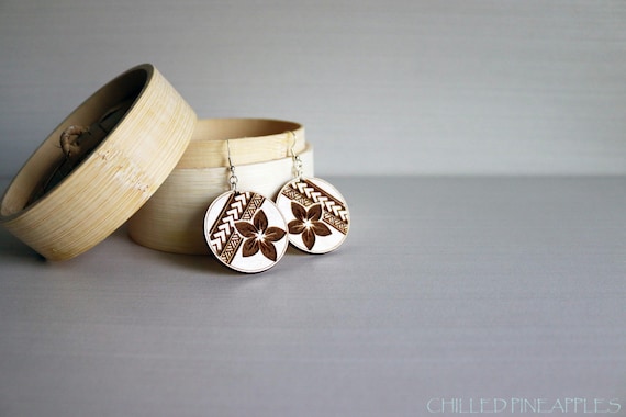 Tropical, Polynesian, Plumeria Flower with Tribal Bands LARGE - Inspired by SamoanYankee! Wooden, Laser Engraved, Earrings