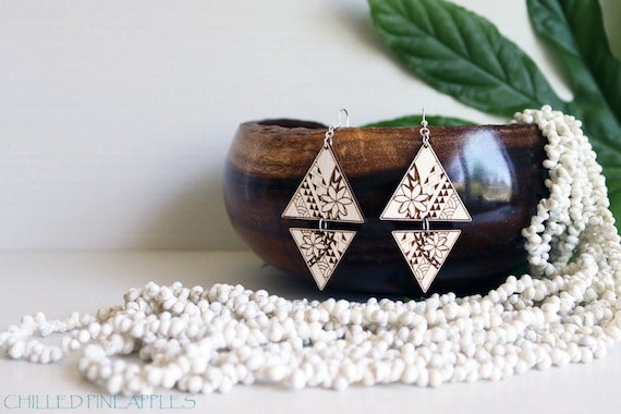 Polynesian Tiare Flower and Tribal (S) - Double Triangle Dangle Earrings