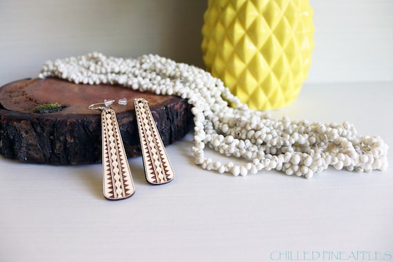 Polynesian Tribal Spearhead, Ihe - Long, Lightweight Birch Ply & Silver Laser-Etched Dangle Earrings