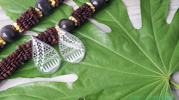 Polynesian Tribal - Lightweight, Clear Acrylic, Teardrop Earrings