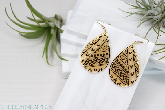 Polynesian Tapa, Tribal, Tattoo Cut-out (G) - Lightweight, Gold Mirror Acrylic, Dangle Earrings