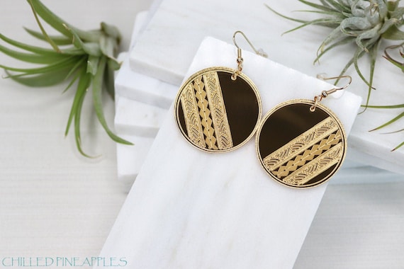 Polynesian Tribal Bands (G) - Lightweight, Gold Mirror Acrylic, Dangle Earrings