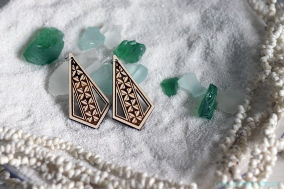 Polynesian Tapa Flower Tribal - Long, Birch, Dangle Earrings (2022 Designs)