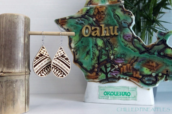 Polynesian Tribal Tapa, Tear Drop Shaped Earrings - Laser Engraved, Dangle Earrings