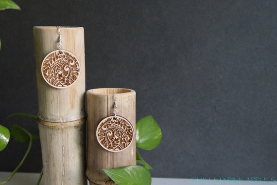 Polynesian Tribal Design Circles - Lightweight, Birch, Dangle Earrings