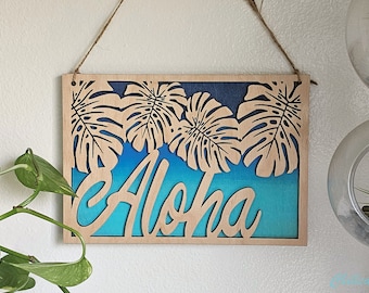 Painted Aloha Sign Monstera Sign Wooden Door Greeting Tropical Entryway Hawaiian Home Decor Tropical Decoration Aloha Wall Hanging