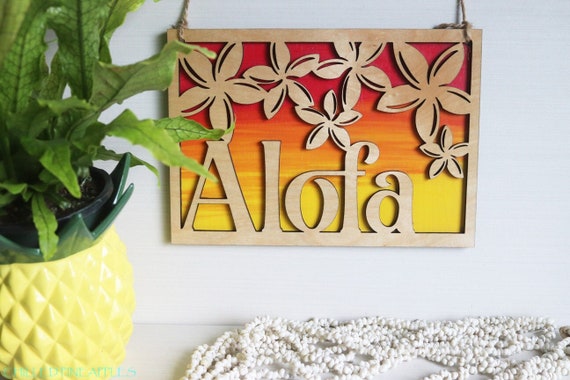 Stacked and Painted Samoan "Alofa" & Plumeria Flowers - Wooden Door, Entrance, Entryway, Welcome, Greeting, Sign