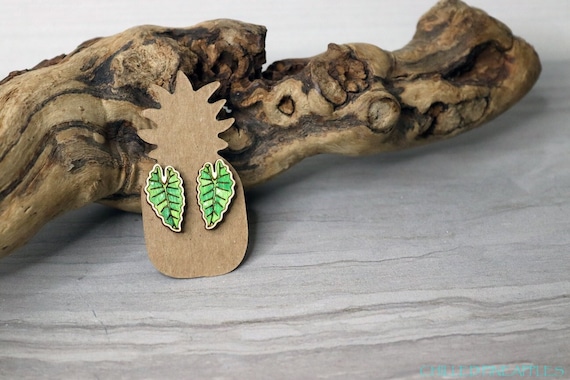 Taro, Kalo, Talo Leaf - Hand Painted Wooden Stud Earrings