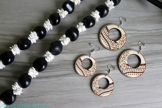 Polynesian Tiare Flower and Tribal Design - Choice of Small or Large Circle Cutout Dangle Earrings