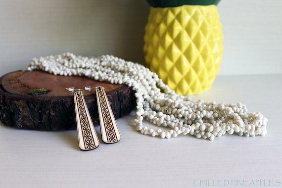 Polynesian Tapa Flower Tribal - Long, Lightweight Birch Ply & Silver Laser-Etched Dangle Earrings