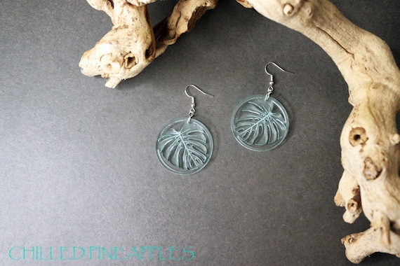 Monstera Leaf Leaves Circle - Bluish-Green "Glass" Lightweight Laser-Etched & Cut Acrylic Earrings