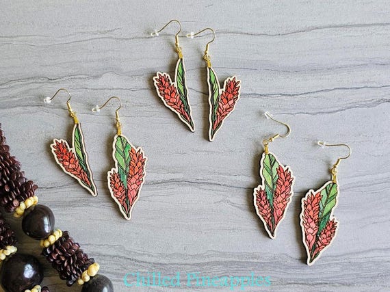 Hand-Painted Red Ginger Flower Earrings: Tropical Hawaiian Jewelry