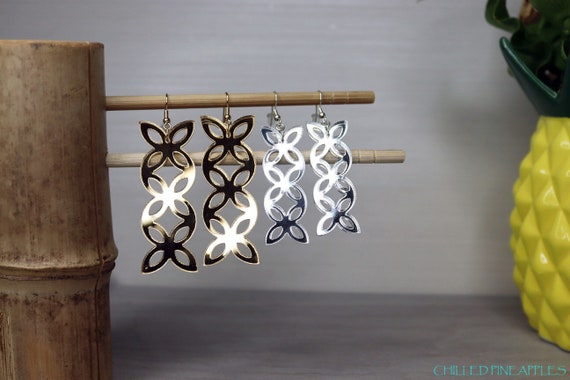 Polynesian 3 Stacked Open Cut Tapa Flowers - Silver or Gold Mirrored Acrylic Earrings
