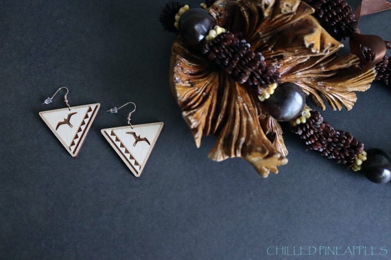 Polynesian Manu, Bird, Hawaiian Iwa - Wooden Triangle Earrings