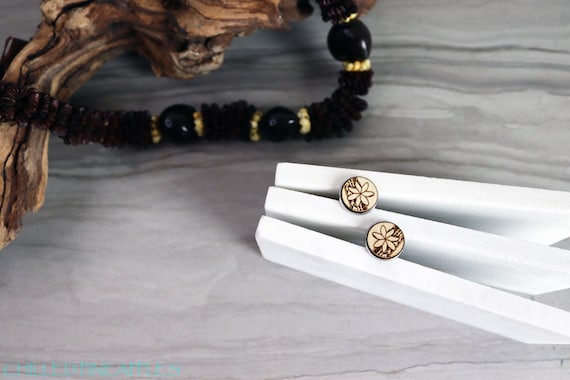 Tahitian Gardenia Tiare Flower and Tribal - Laser-Etched Wood & Silver Brass Cufflinks