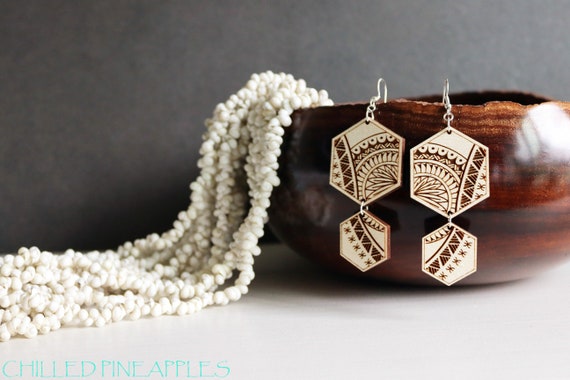 Polynesian Tapa Double Hexagon (S) - Lightweight Birch Ply Laser-Etched Earrings