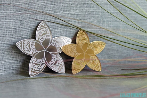 Tribal Plumeria Emblem v1 - Gold or Silver Acrylic Mirror Sticker, Bumper Sticker, Car, Truck, Boat, Vehicle Decal (2022 Design)