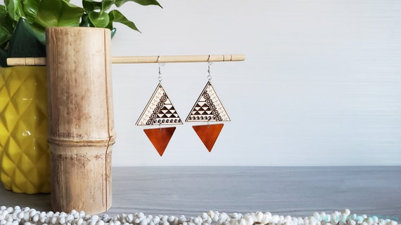 Polynesian Tribal (S) - Double Triangle Wood & Acrylic Dangle Earrings