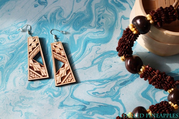 Polynesian Ihe Tribal Open-Cut - Long, Birch, Dangle Earrings (2022 Designs)