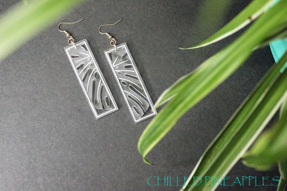 Wide Monstera Leaf, Leaves, Open Cut - Clear Acrylic Earrings