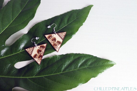 Lehua 'Ōhi'a Lehua Flower & Tribal - Lightweight, Triangle, Wooden, Dangle, Earrings