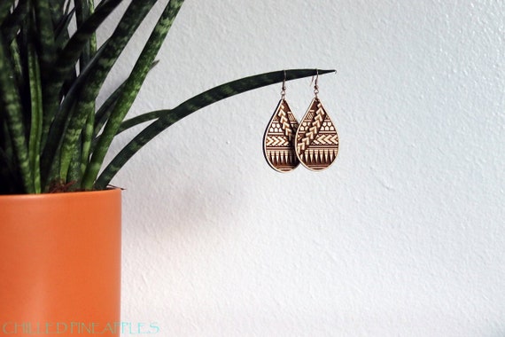 Polynesian Tribal Bands - Laser-Etched, Wooden, Tear Drop, Earrings