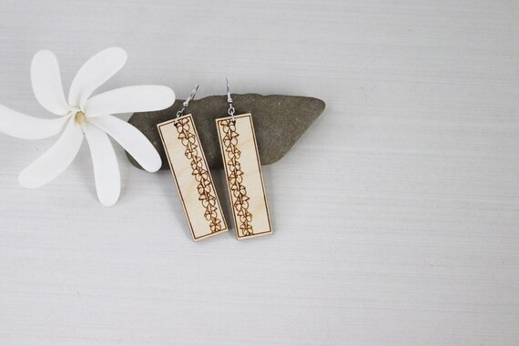 Puakenikeni Flower Lei - Wide Rectangle Earrings in Birch or Black Acrylic
